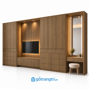 Tủ quần áo kết hợp kệ tivi và bàn trang điểm GHS-5119 - 3200x550x2000 - Màu gỗ óc chó