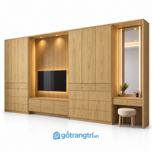Tủ quần áo kết hợp kệ tivi và bàn trang điểm GHS-5119 - 3200x550x2000 - Màu gỗ sồi
