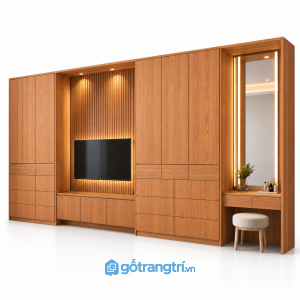 Tủ quần áo kết hợp kệ tivi và bàn trang điểm GHS-5119 - 3200x550x2000 - Màu gỗ xoan đào