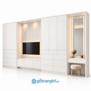 Tủ quần áo kết hợp kệ tivi và bàn trang điểm GHS-5119 - 3200x550x2000 - Màu trắng