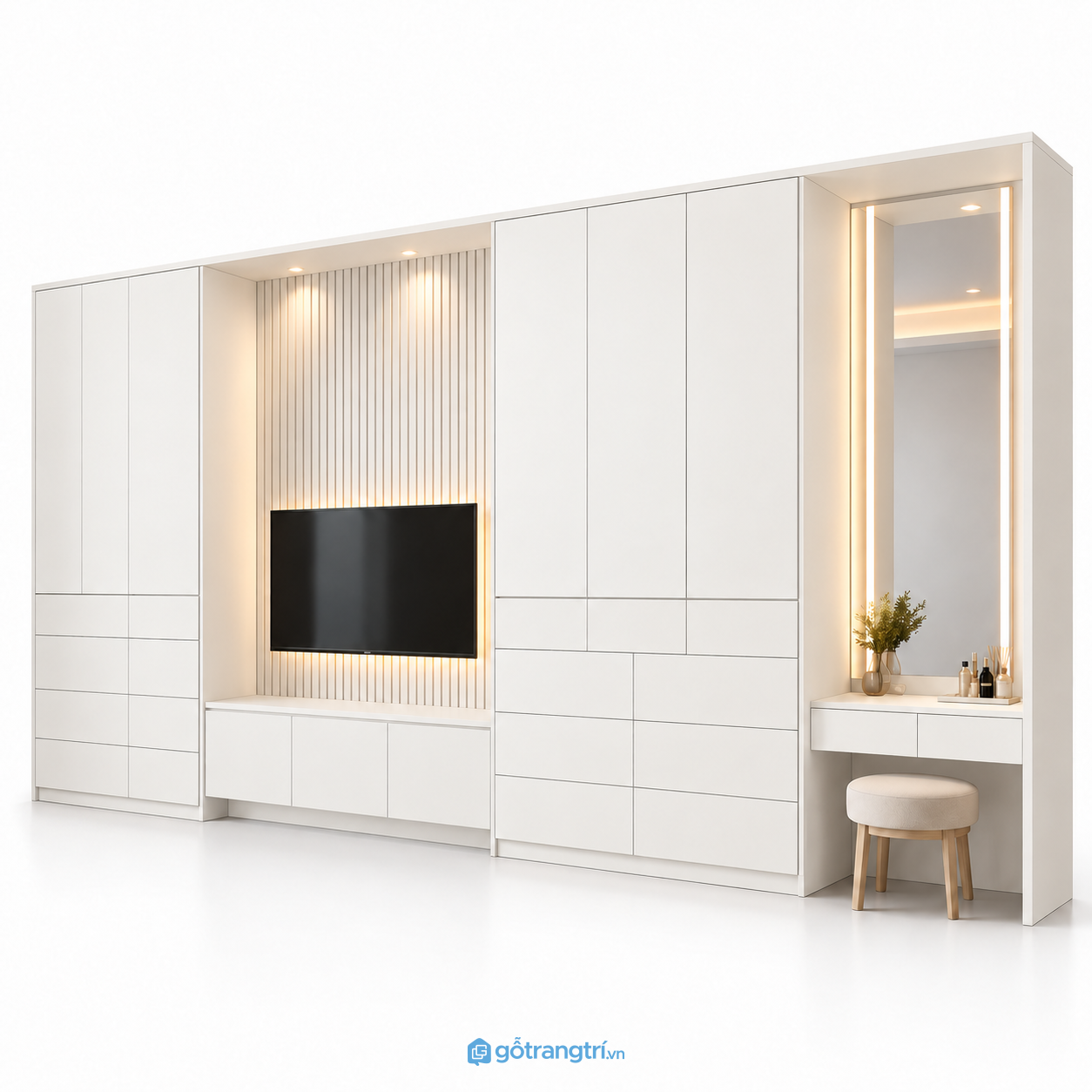 Tủ quần áo kết hợp kệ tivi và bàn trang điểm GHS-5119 - 3200x550x2000 - Màu trắng Tủ quần áo kết hợp kệ tivi và bàn trang điểm GHS-5119 - 3200x550x2000 - Màu trắng