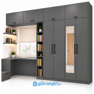 Tủ quần áo kịch trần kết hợp bàn học có gương GHS-5109 - 2500x600x2400 - Màu ghi