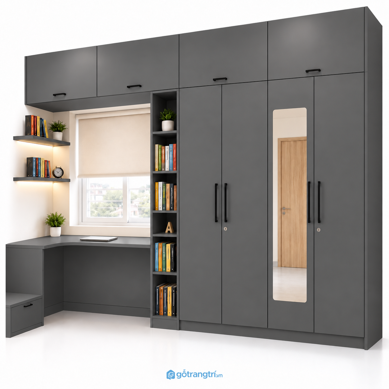 Tủ quần áo kịch trần kết hợp bàn học có gương GHS-5109 - 2500x600x2400 - Màu ghi