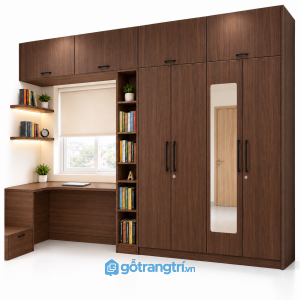 Tủ quần áo kịch trần kết hợp bàn học có gương GHS-5109 - 2500x600x2400 - Màu gỗ 613