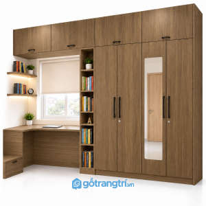 Tủ quần áo kịch trần kết hợp bàn học có gương GHS-5109 - 2500x600x2400 - Màu gỗ óc chó