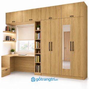 Tủ quần áo kịch trần kết hợp bàn học có gương GHS-5109 - 2500x600x2400 - Màu gỗ sồi