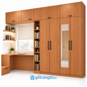 Tủ quần áo kịch trần kết hợp bàn học có gương GHS-5109 - 2500x600x2400 - Màu gỗ xoan đào