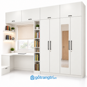 Tủ quần áo kịch trần kết hợp bàn học có gương GHS-5109 - 2500x600x2400 - Màu trắng