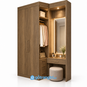 Tủ quần áo liền bàn trang điểm có khoang treo đồ GHS-5112 - 1600x600x2400 - Màu gỗ óc chó