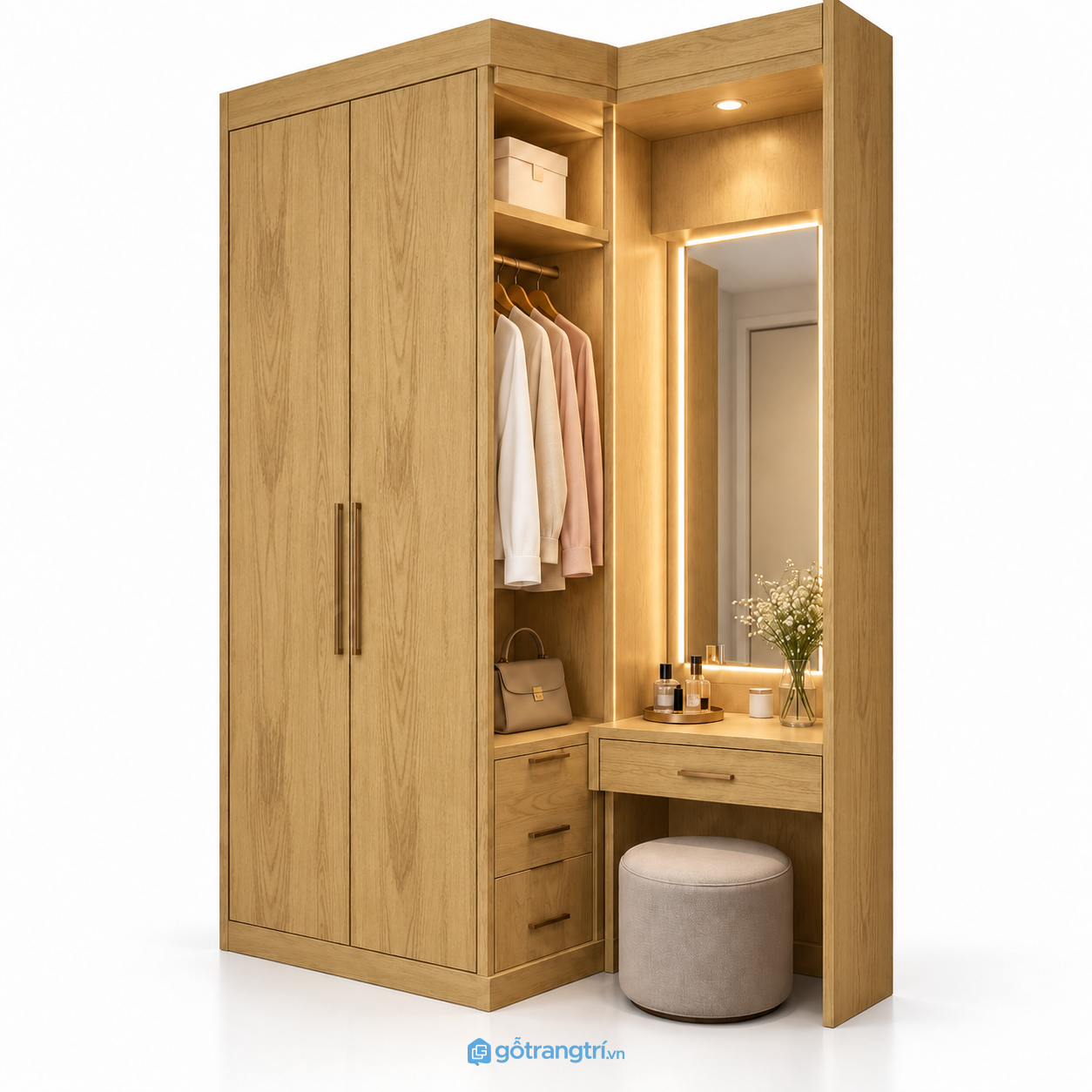 Tủ quần áo liền bàn trang điểm có khoang treo đồ GHS-5112 - 1600x600x2400 - Màu gỗ sồi