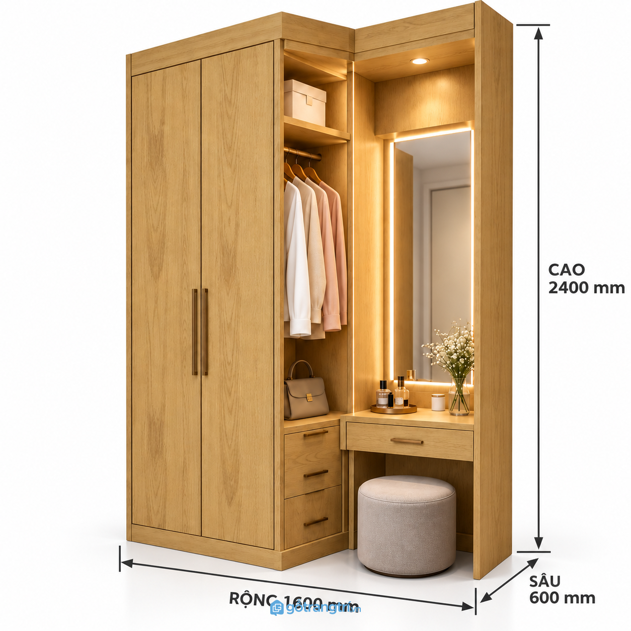 Tủ quần áo liền bàn trang điểm có khoang treo đồ tiện dụng