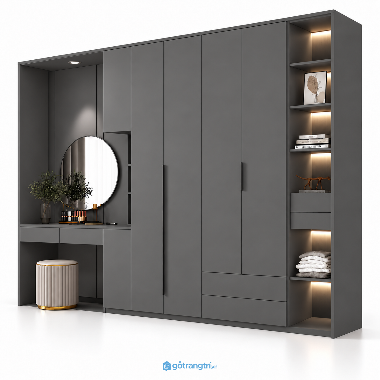 Tủ quần áo màu xám liền bàn trang điểm có kệ GHS-5110 - 2500x600x2000 - Màu ghi