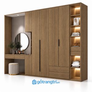 Tủ quần áo màu xám liền bàn trang điểm có kệ GHS-5110 - 2500x600x2000 - Màu gỗ óc chó