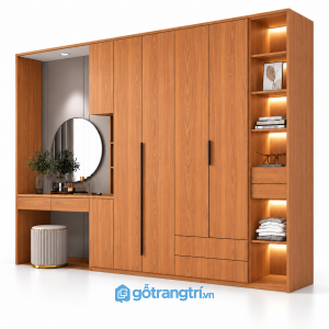 Tủ quần áo màu xám liền bàn trang điểm có kệ GHS-5110 - 2500x600x2000 - Màu gỗ xoan đào