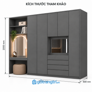Tủ quần áo màu xám liền bàn trang điểm có kệ trang trí