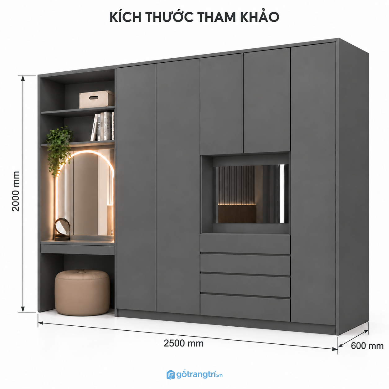 Tủ quần áo màu xám liền bàn trang điểm có kệ trang trí