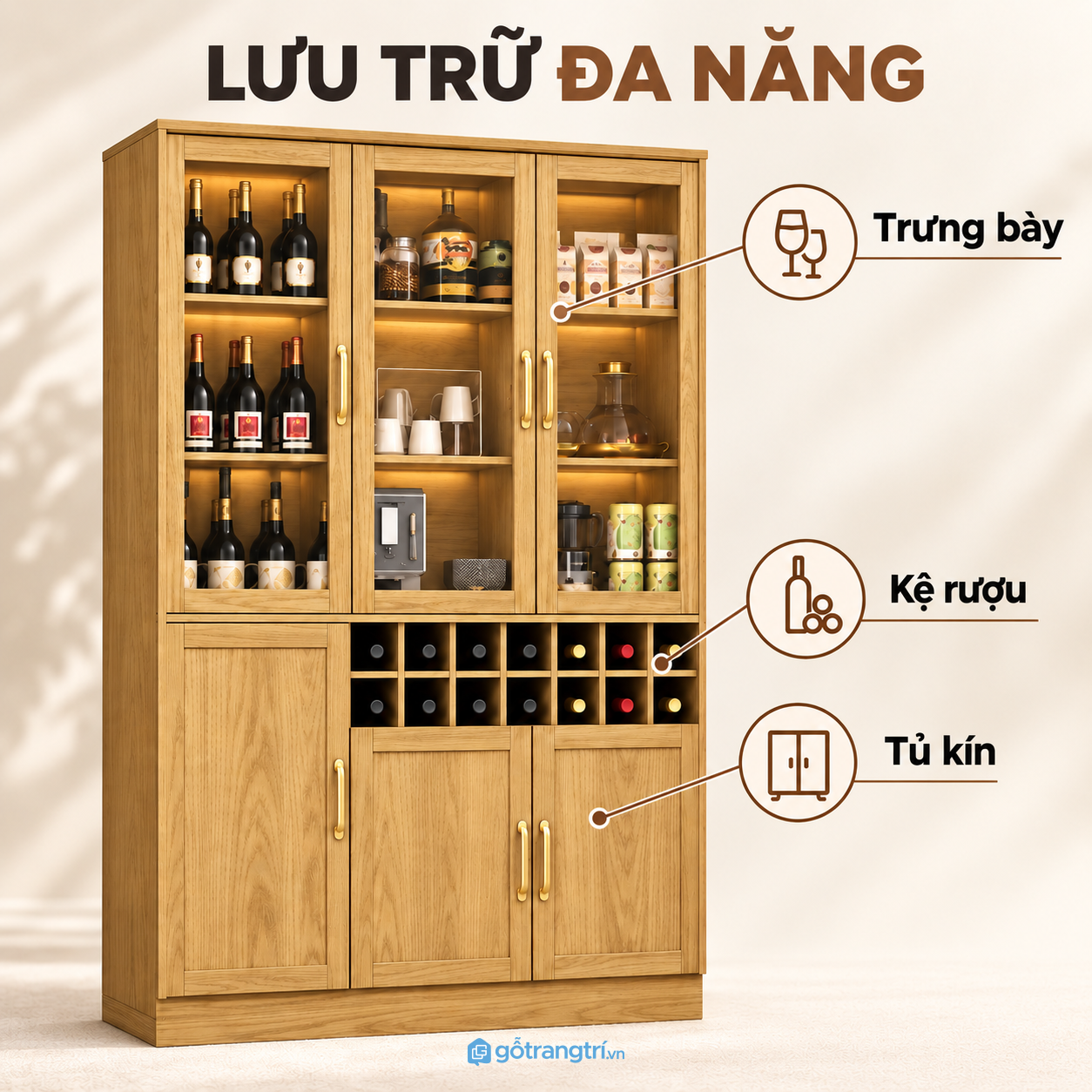 Tủ rượu có 14 ô để chai nằm ngang, lưu trữ khoa học
