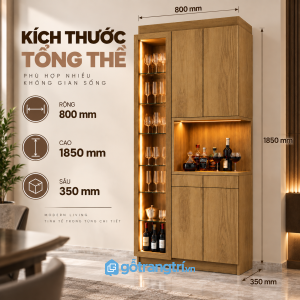 Tủ rượu đứng cao có ngăn ly kính, thiết kế gọn cho phòng khách