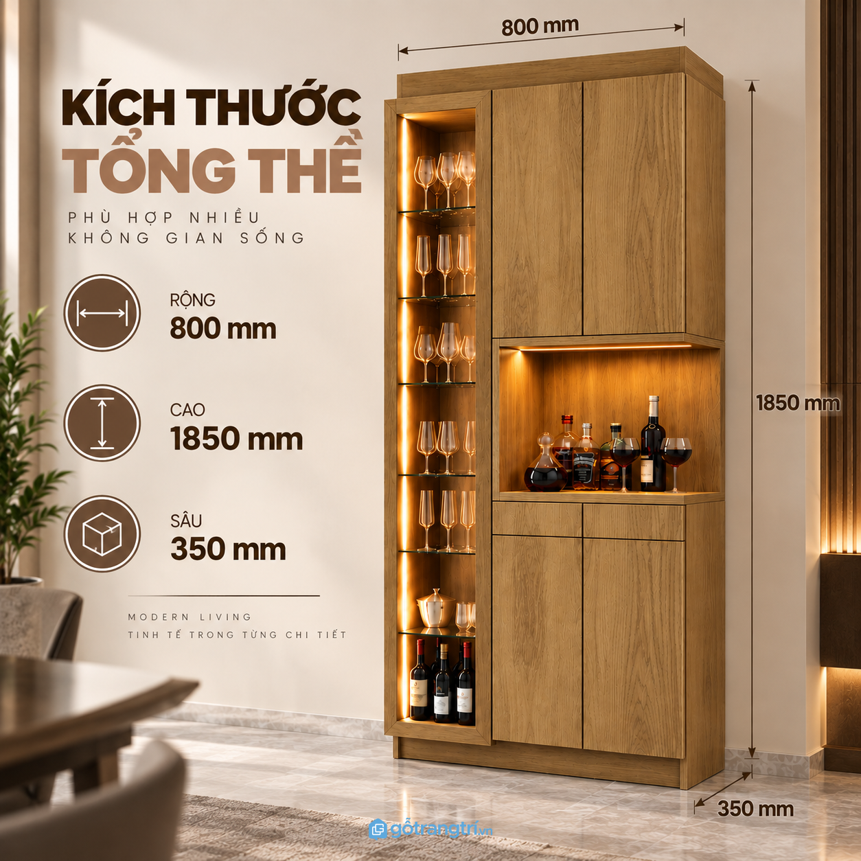 Tủ rượu đứng cao có ngăn ly kính, thiết kế gọn cho phòng khách Tủ rượu đứng cao có ngăn ly kính, thiết kế gọn cho phòng khách
