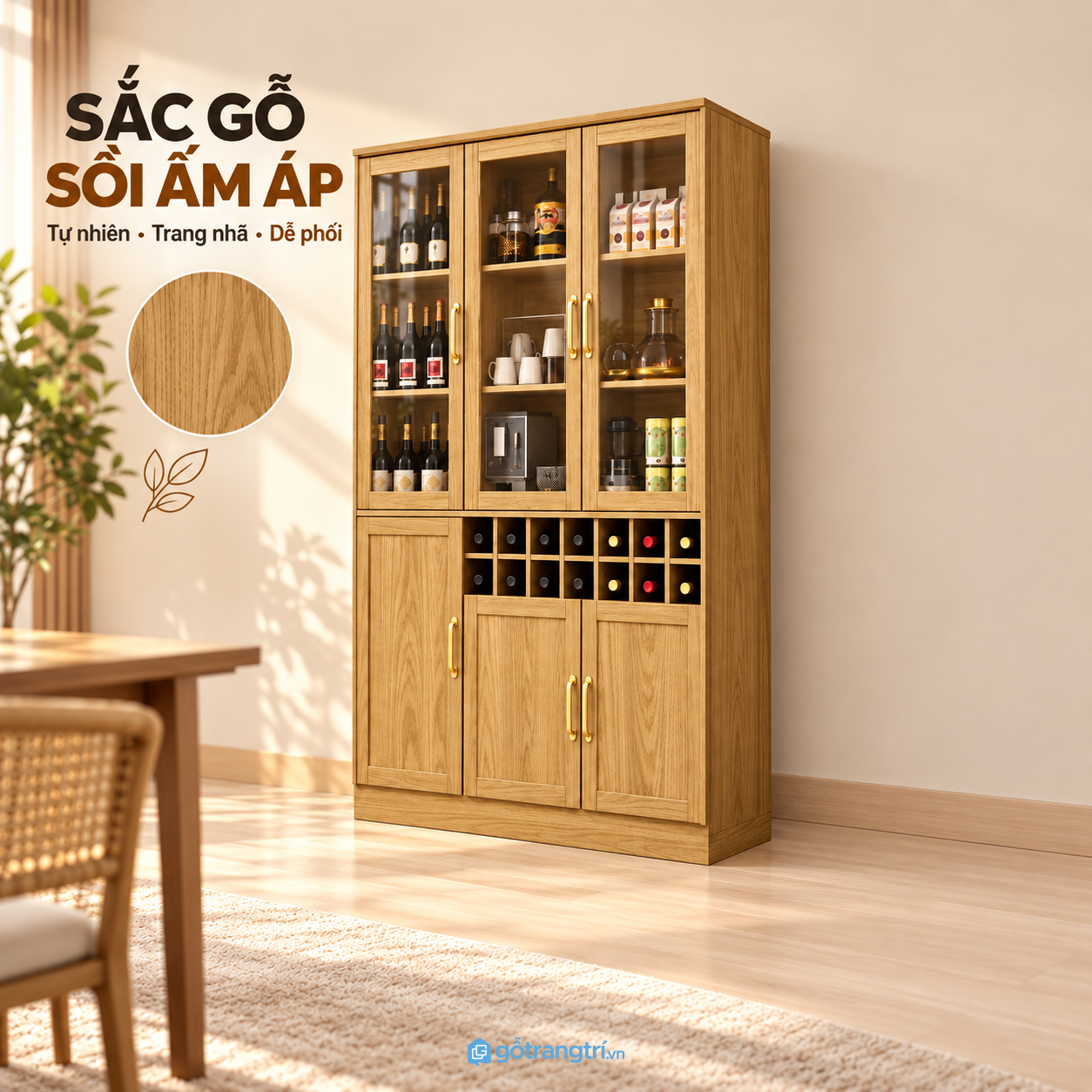 Tủ rượu gỗ cao 2m hiện đại dễ bố trí trong phòng khách