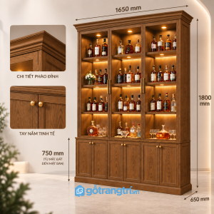 Tủ rượu gỗ màu đen cánh kính có đèn LED sang trọng