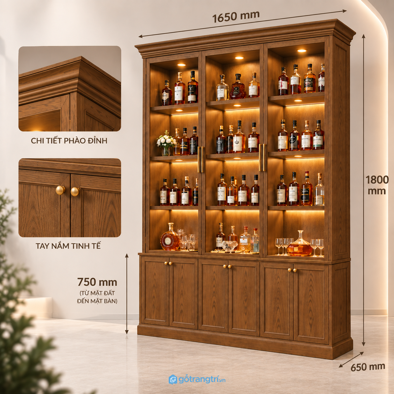 Tủ rượu gỗ màu đen cánh kính có đèn LED sang trọng