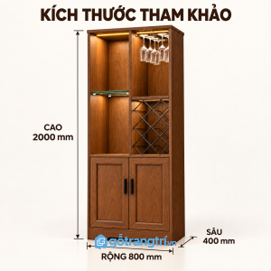 Tủ rượu gỗ màu nâu có đèn LED cho không gian sang trọng
