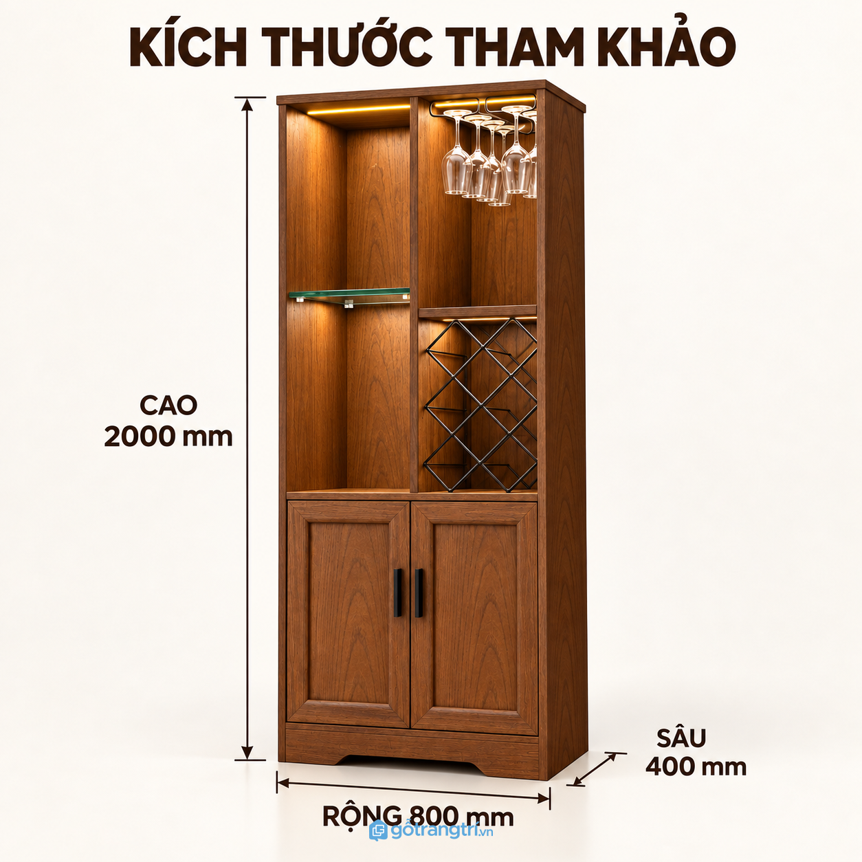 Tủ rượu gỗ màu nâu có đèn LED cho không gian sang trọng