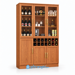 Tủ rượu gỗ màu sồi cánh kính có ô để chai GHS-5141 - 1400x400x 2000mm - Màu gỗ xoan đào