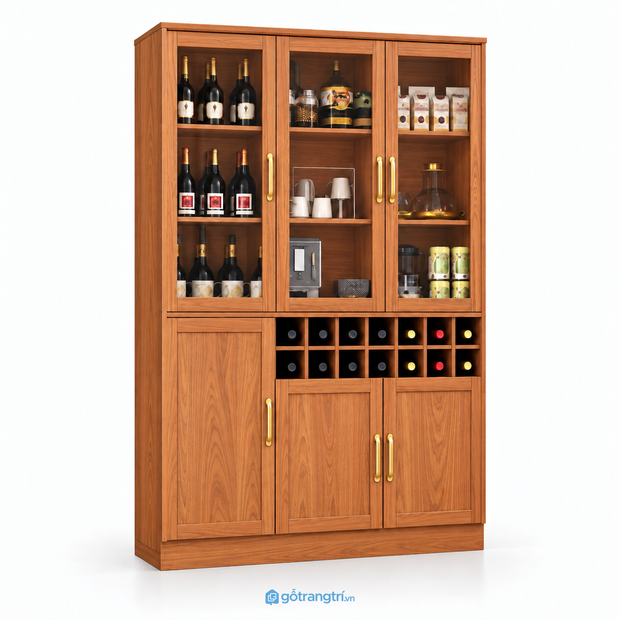 Tủ rượu gỗ màu sồi cánh kính có ô để chai GHS-5141 - 1400x400x 2000mm - Màu gỗ xoan đào