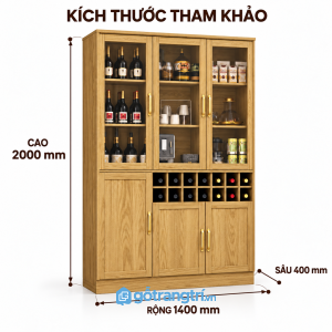 Tủ rượu gỗ màu sồi cánh kính có ô để chai tiện dụng