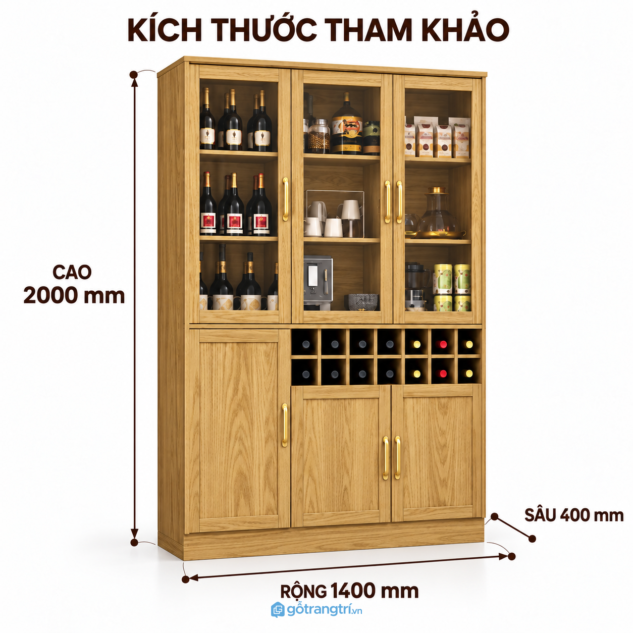 Tủ rượu gỗ màu sồi cánh kính có ô để chai tiện dụng