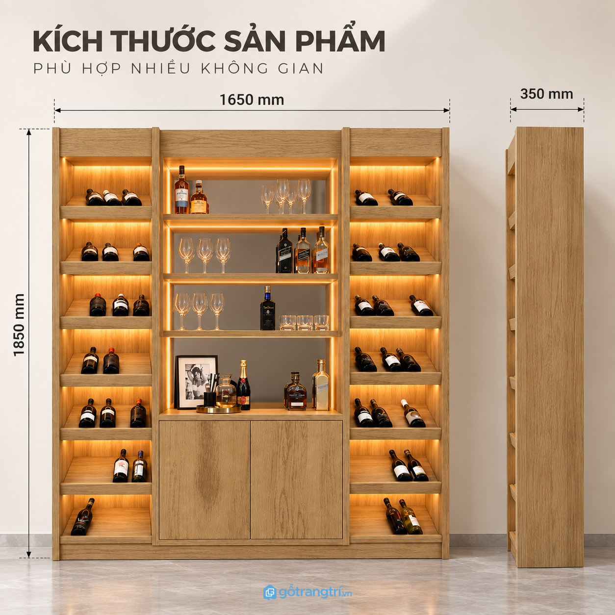 Tủ rượu gỗ sáng có đèn LED nhiều tầng tiện dụng