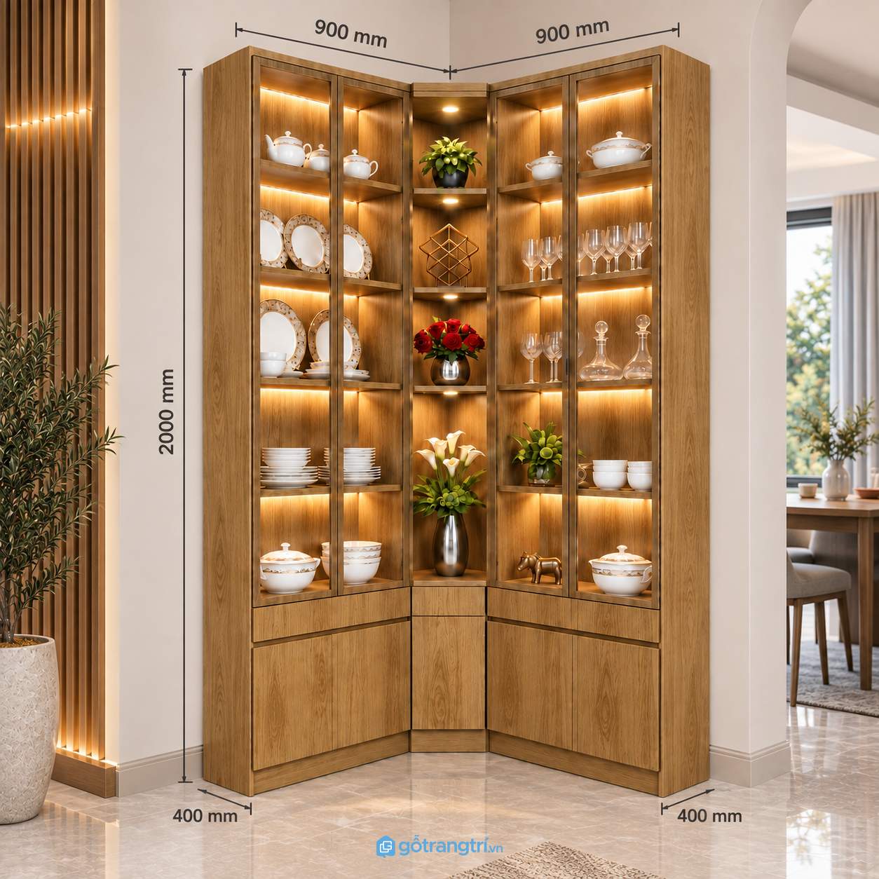 Tủ rượu góc chữ L có đèn LED cao 2m