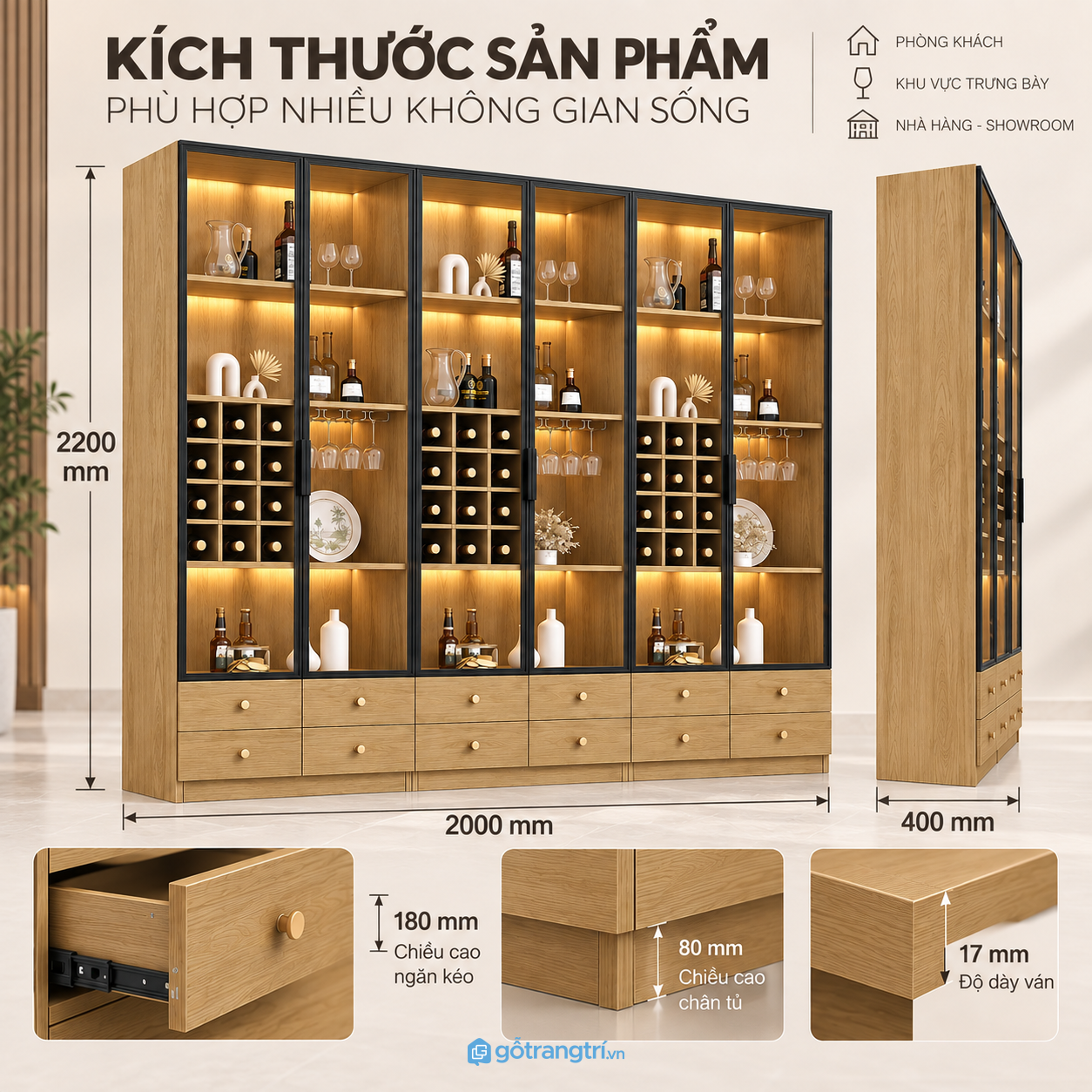Tủ rượu kết hợp kệ trang trí có đèn LED đa năng