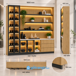 Tủ rượu kết hợp kệ trang trí rộng 1m85, cao 2m