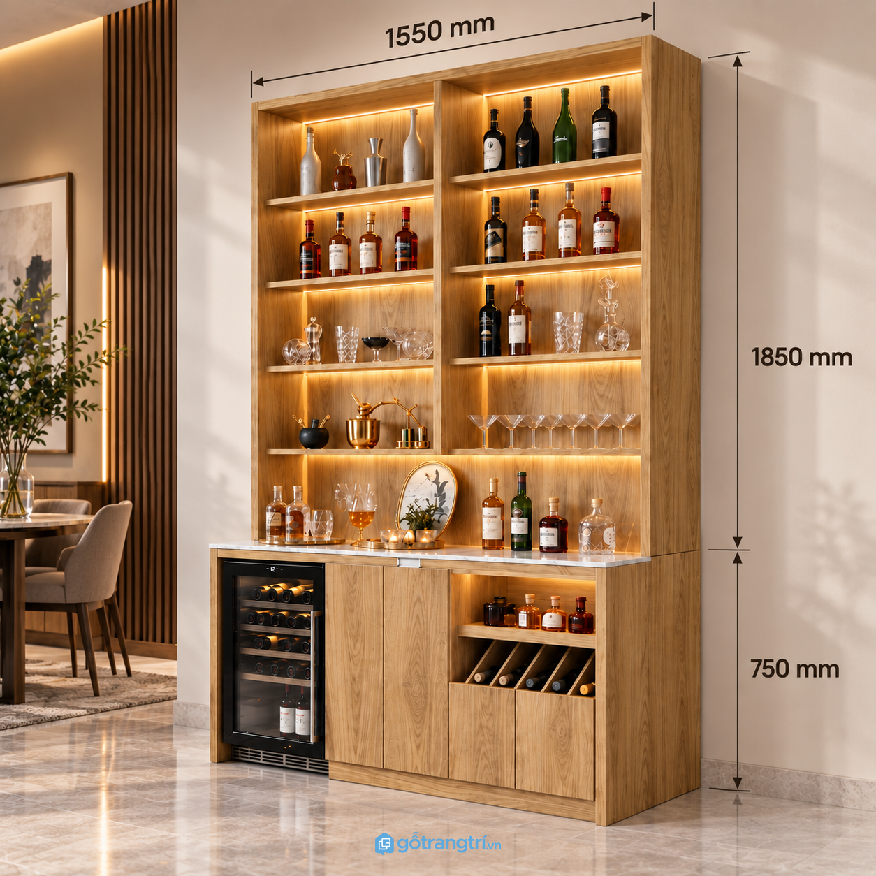 Tủ rượu kết hợp tủ bảo quản rượu vang và kệ trưng bày