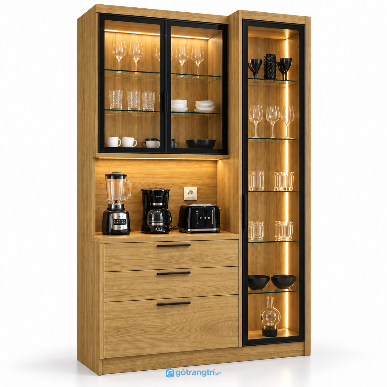Tủ rượu kết hợp tủ ly và quầy pha chế GHS-5094 - Màu gỗ sồi Tủ rượu kết hợp tủ ly và quầy pha chế GHS-5094 - Màu gỗ sồi