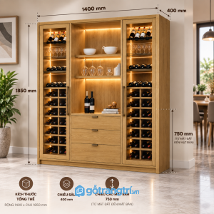 Tủ rượu kết hợp tủ ly và quầy pha chế nhiều ngăn