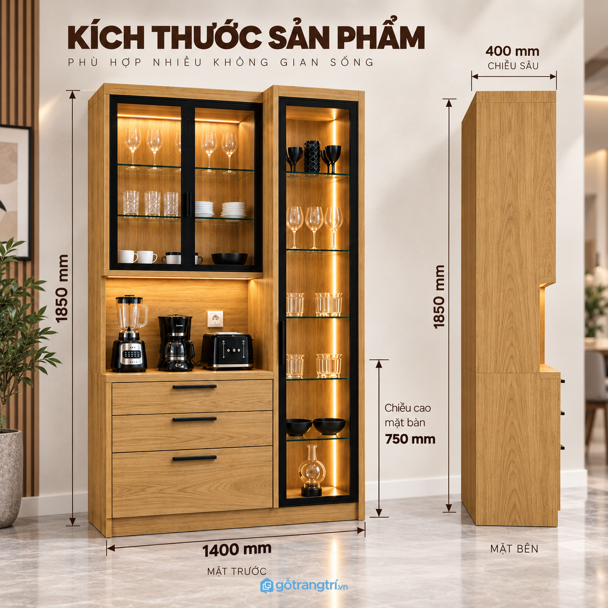 Tủ rượu kết hợp tủ ly và quầy pha chế tiện dụng Tủ rượu kết hợp tủ ly và quầy pha chế tiện dụng