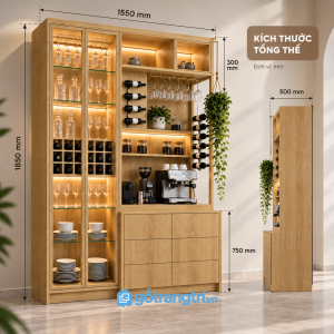 Tủ rượu kết hợp tủ ly và quầy pha chế tiện dụng
