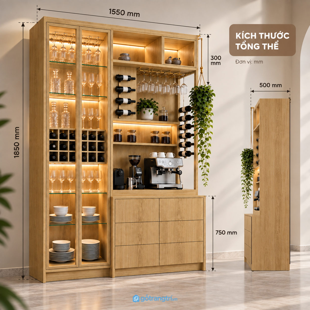 Tủ rượu kết hợp tủ ly và quầy pha chế tiện dụng Tủ rượu kết hợp tủ ly và quầy pha chế tiện dụng