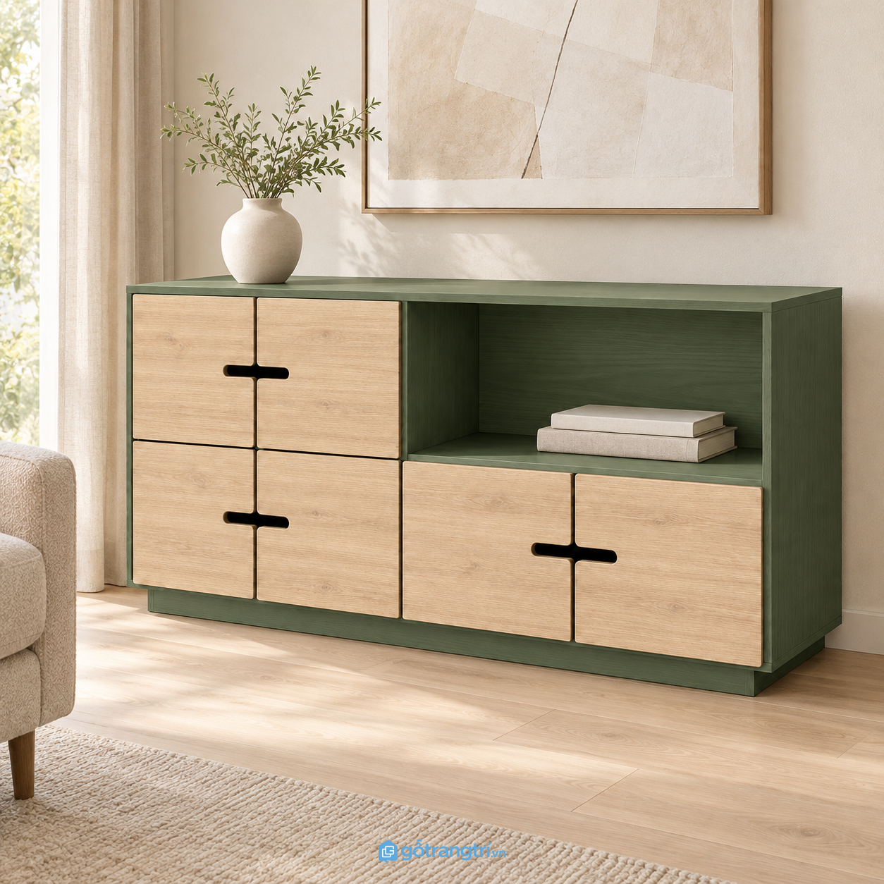 Phối cảnh minh họa tủ trang trí GHS-5148 trong phòng khách