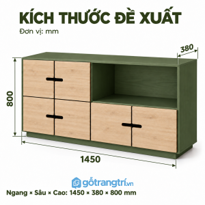 Tủ trang trí dáng thấp, có chỗ cất đồ và trưng bày