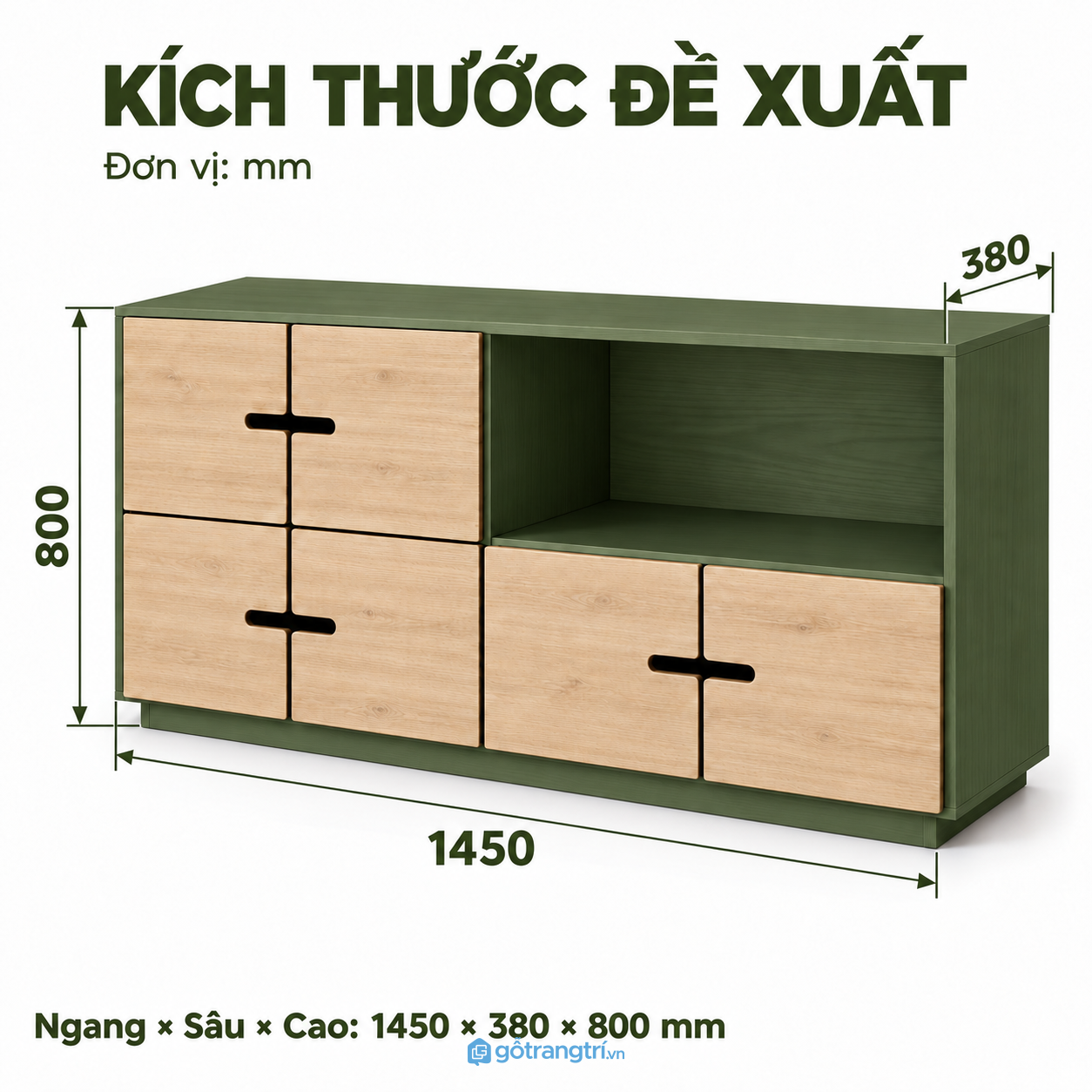 Tủ trang trí dáng thấp, có chỗ cất đồ và trưng bày