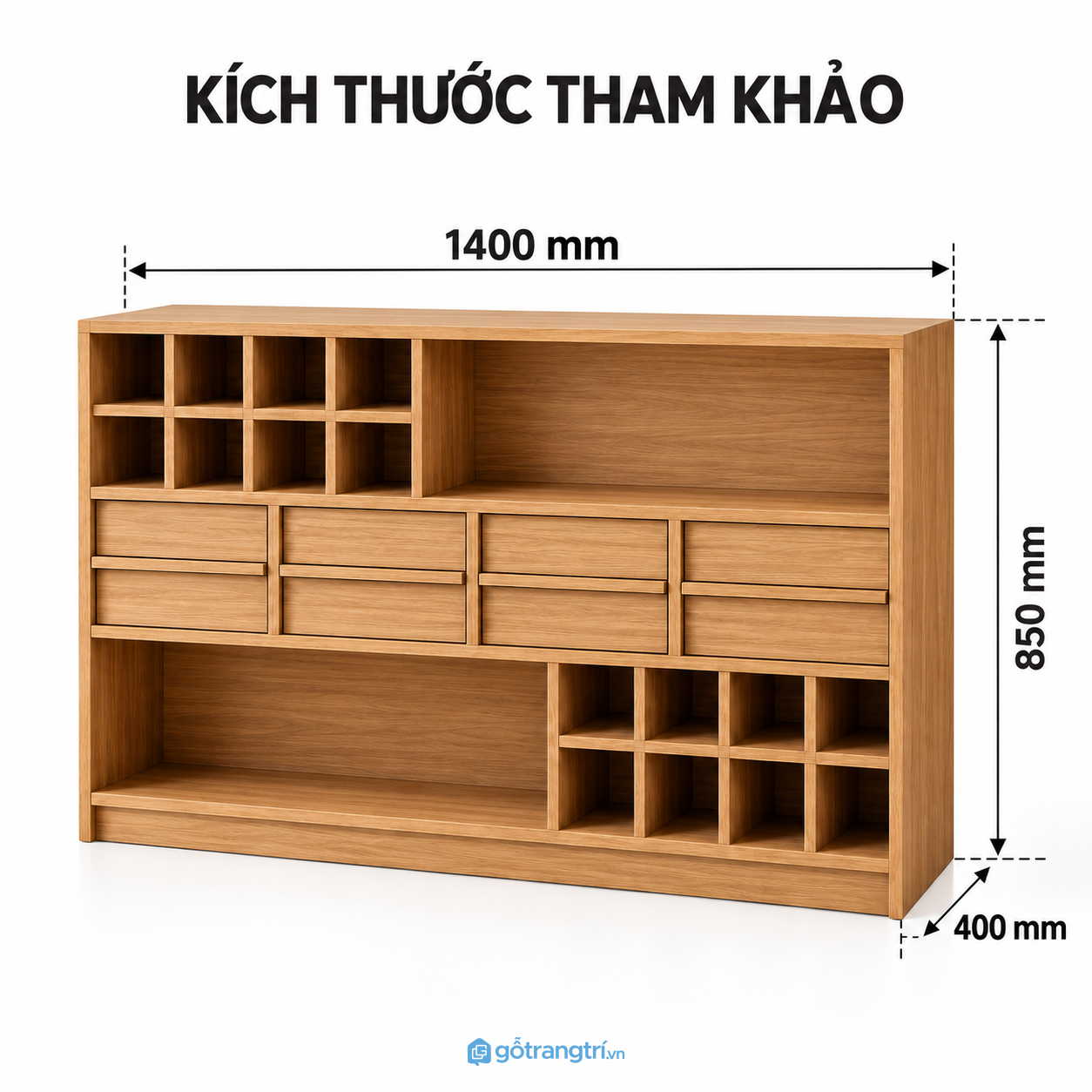 Tủ trang trí gỗ nâu dáng thấp với hộc trưng bày và ngăn kéo lưu trữ tiện dụng