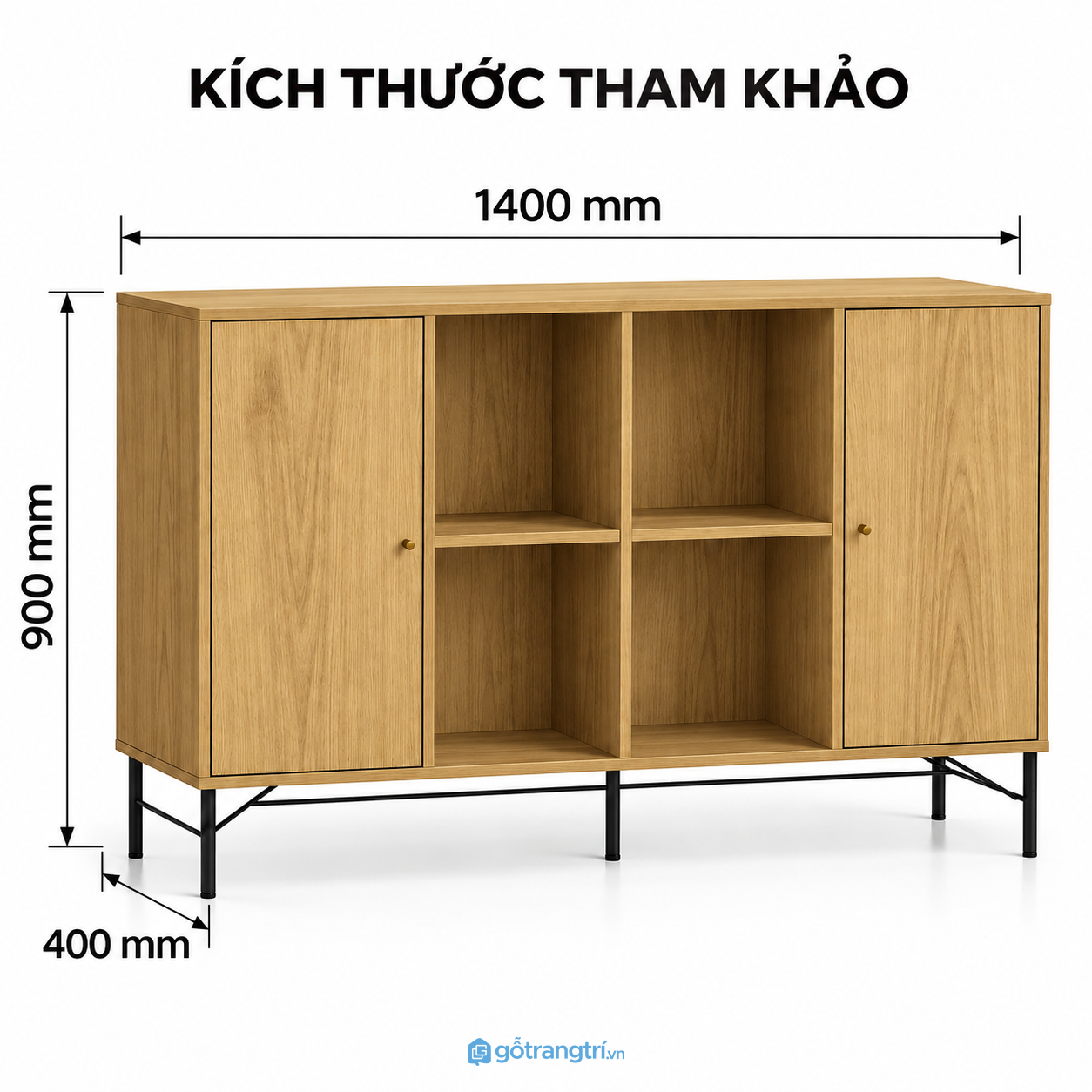 Tủ trang trí phòng khách màu gỗ chân sắt có kệ hở