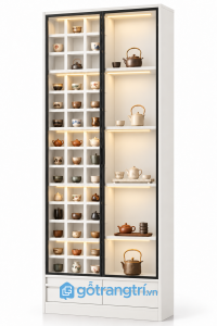 Tủ trưng bày ấm chén vân gỗ cánh kính khung đen có đèn LED GHS-5143 - 900x400x2000mm - Màu trắng - GHS-5143g