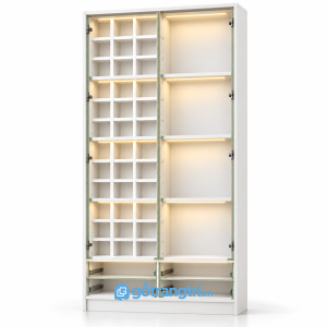 Tủ trưng bày ấm chén vân gỗ cánh kính khung đen có đèn LED GHS-5143 - hình ảnh thực tế 1