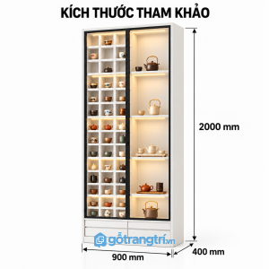 Tủ trưng bày ấm chén vân gỗ cánh kính khung đen có đèn LED sang trọng